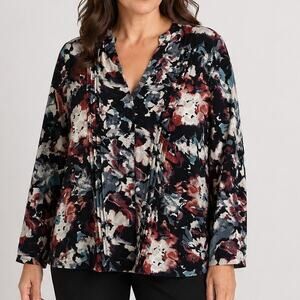 Zac & Rachel Plus Size 2X Floral Stretch Knit Top V Neck 3/4 Sleeve Pullover